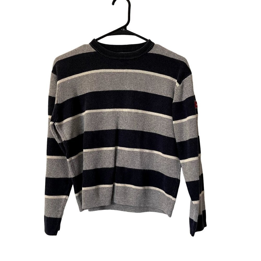Abercrombie Striped Knit Crewneck Sweater Large Navy Gray Women Ramie Cotton
